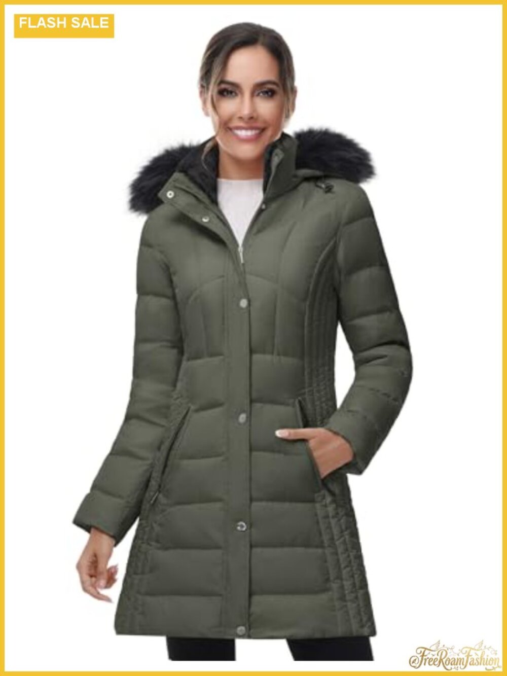 Mid-Length Hooded Down Puffer Coat Faux Fur Trim Winter Warm